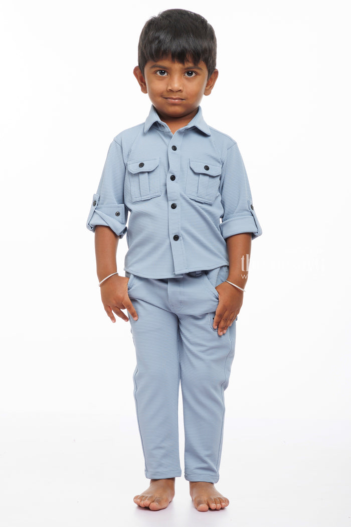 The Nesavu Boys Casual Set Boys Sleek Grey Shirt and Pant Set - Trendy Comfort Nesavu 14 (6M) / Gray / Knitted Lycra BES528A-14 Cool Grey Boys Casual Shirt  Pant Set | Versatile Style for Every Occasion | The Nesavu