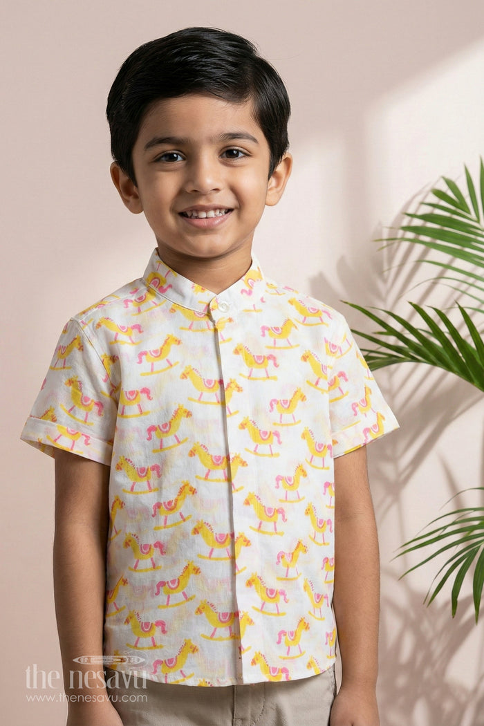 The Nesavu Boys Cotton Shirt Boys Smart Casual Shirts Men Inspired Design in Cotton Block Print with Rocking Horse Motif Nesavu 16 (1Y) / Yellow BS249A-16 Boys Smart Casual Shirt Cotton Block Print Rocking Horse Motif | The Nesavu