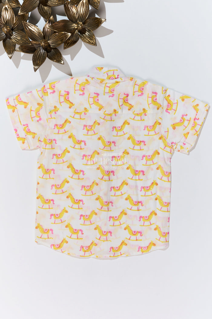 The Nesavu Boys Cotton Shirt Boys Smart Casual Shirts Men Inspired Design in Cotton Block Print with Rocking Horse Motif Nesavu Nesavu Boys Smart Casual Shirt Cotton Block Print Rocking Horse Motif