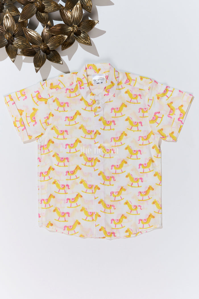The Nesavu Boys Cotton Shirt Boys Smart Casual Shirts Men Inspired Design in Cotton Block Print with Rocking Horse Motif Nesavu 16 (1Y) / Yellow BS249A-16 Boys Smart Casual Shirt Cotton Block Print Rocking Horse Motif | The Nesavu