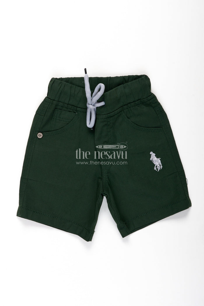 The Nesavu Boys Shorts Boys Stylish Black Cotton Shorts with Elastic Waistband and Drawstring Nesavu Boys Stylish Black Cotton Shorts Drawstring Embroidered Detail Comfort | The Nesavu