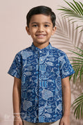 The Nesavu Boys Cotton Shirt Boys Stylish Cotton Shirts in Blue Cotton Block Print with Intricate Fish Motif Nesavu 16 (1Y) / Blue BS246A-16 Boys Stylish Cotton Shirt Cotton Block Print Blue Fish Motif | The Nesavu