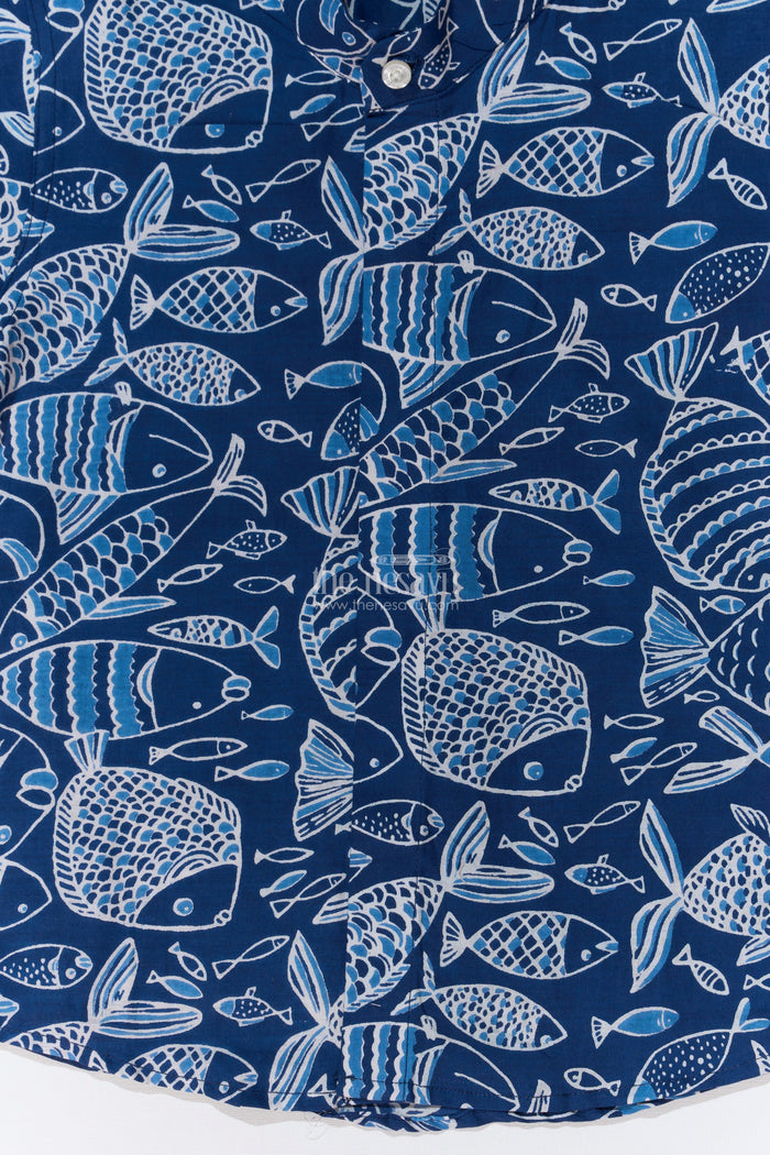 The Nesavu Boys Cotton Shirt Boys Stylish Cotton Shirts in Blue Cotton Block Print with Intricate Fish Motif Nesavu Nesavu Boys Stylish Cotton Shirt Cotton Block Print Blue Fish Motif