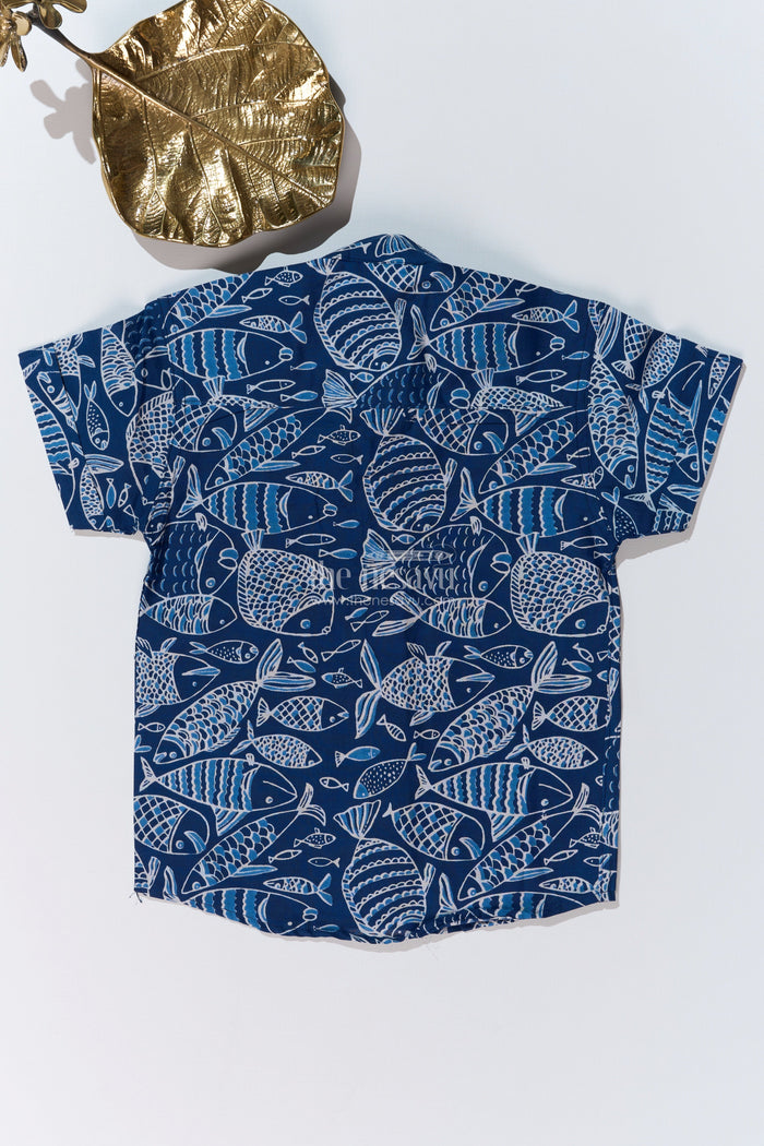 The Nesavu Boys Cotton Shirt Boys Stylish Cotton Shirts in Blue Cotton Block Print with Intricate Fish Motif Nesavu Nesavu Boys Stylish Cotton Shirt Cotton Block Print Blue Fish Motif