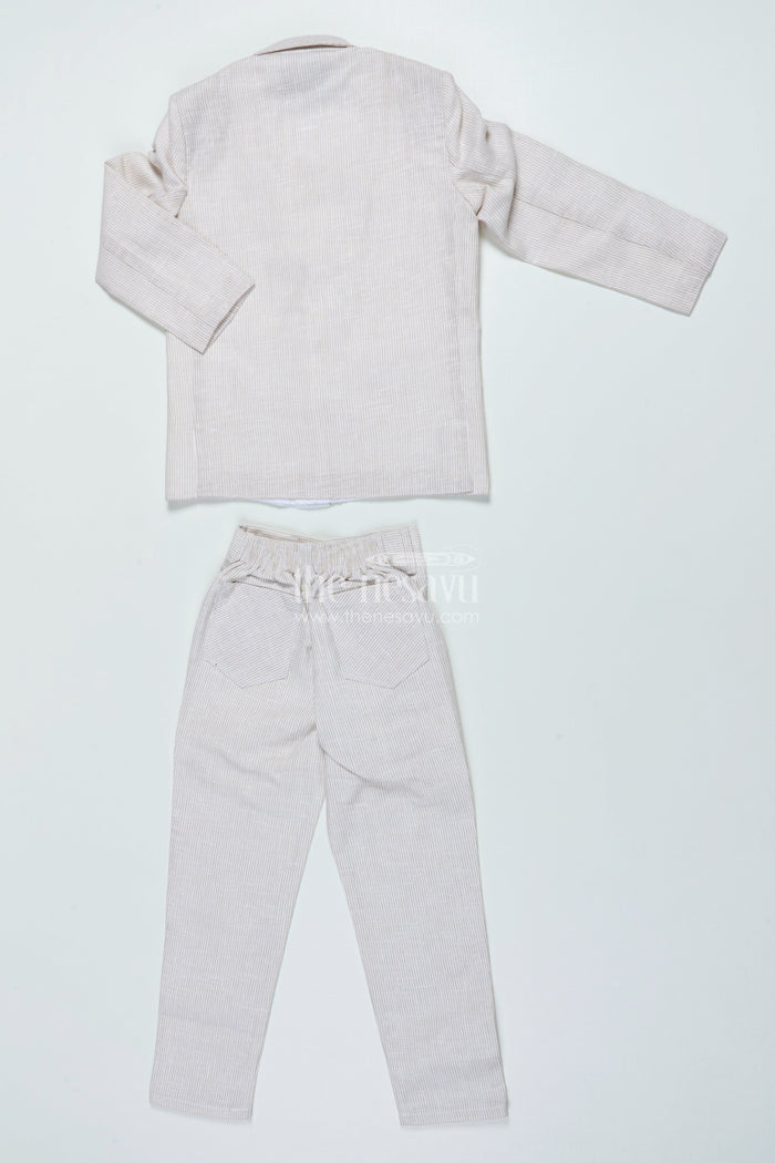 The Nesavu Boys Jacket Sets Boys Three-Piece Blazer Set with Bow Tie for Weddings and Celebrations Nesavu Nesavu boys striped cotton blazer suit bow tie wedding celebrations