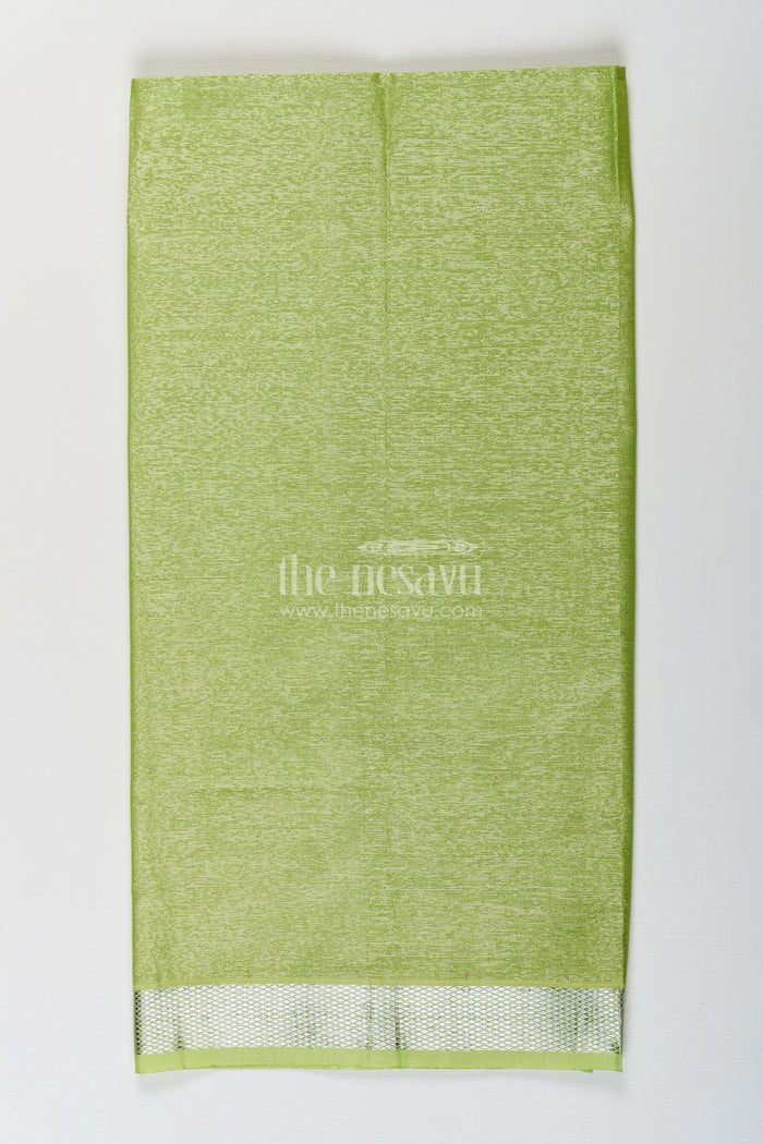 The Nesavu Boys Vesti Boys Tissue Dhoti in Light Green with Silver Zari for Vibrant Traditional Style in Latest Dhoti Look Nesavu Boys Latest Dhoti Light Green Tissue Silver Zari Border Stylish Ethnic Wear | The Nesavu