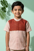 The Nesavu Boys Silk Shirt Boys Tissue Silk Shirt with Banarasi Yoke for Special Occasions Nesavu 14 (6M) / Gold / Cotton Silk BS399A-14 Nesavu boys cotton tissue silk shirt with Banarasi yoke patch for Diwali and weddings