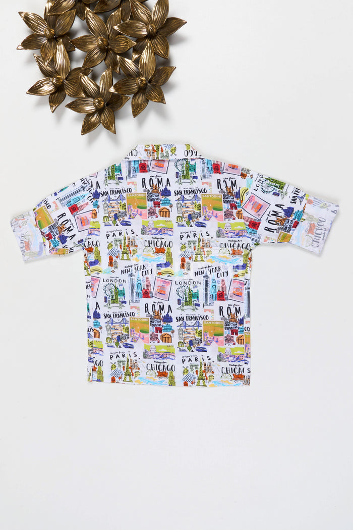 The Nesavu Boys Cotton Shirt Boys Travel Theme Printed Cotton Shirt for Holiday Outings and Casual Wear Nesavu Nesavu boys cotton travel print shirt for holidays casual outings and kids summer wear