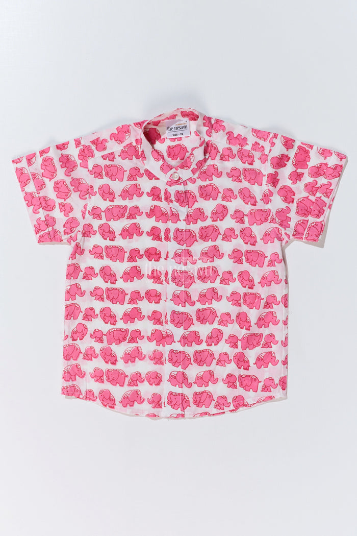 The Nesavu Boys Cotton Shirt Boys Trendy Cotton Shirts in Cotton Block Print with Cute Elephant Motif Nesavu 16 (1Y) / Pink BS247A-16 Boys Trendy Cotton Shirt Cotton Block Print Playful Elephant Print | The Nesavu