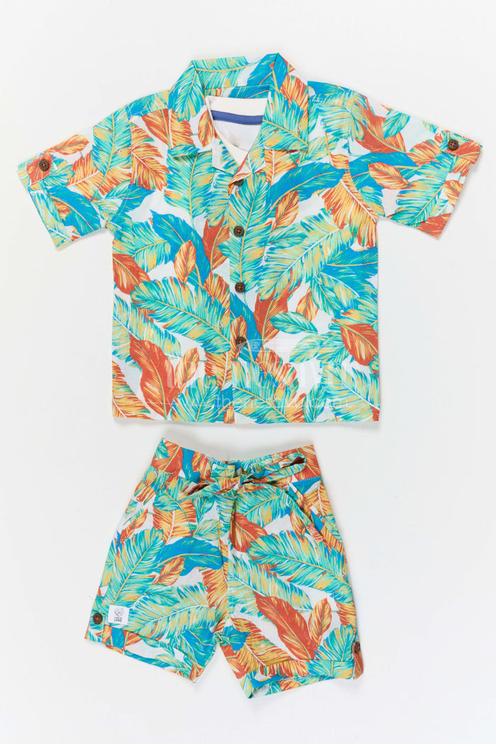 The Nesavu Boys Casual Set Boys Tropical Print Shirt and Shorts Set for Holidays and Outings Nesavu 16 (1Y) / Green / Cotton BCS567A-16 Nesavu boys cotton tropical digital print shirt and shorts set for holidays outings and casual wear