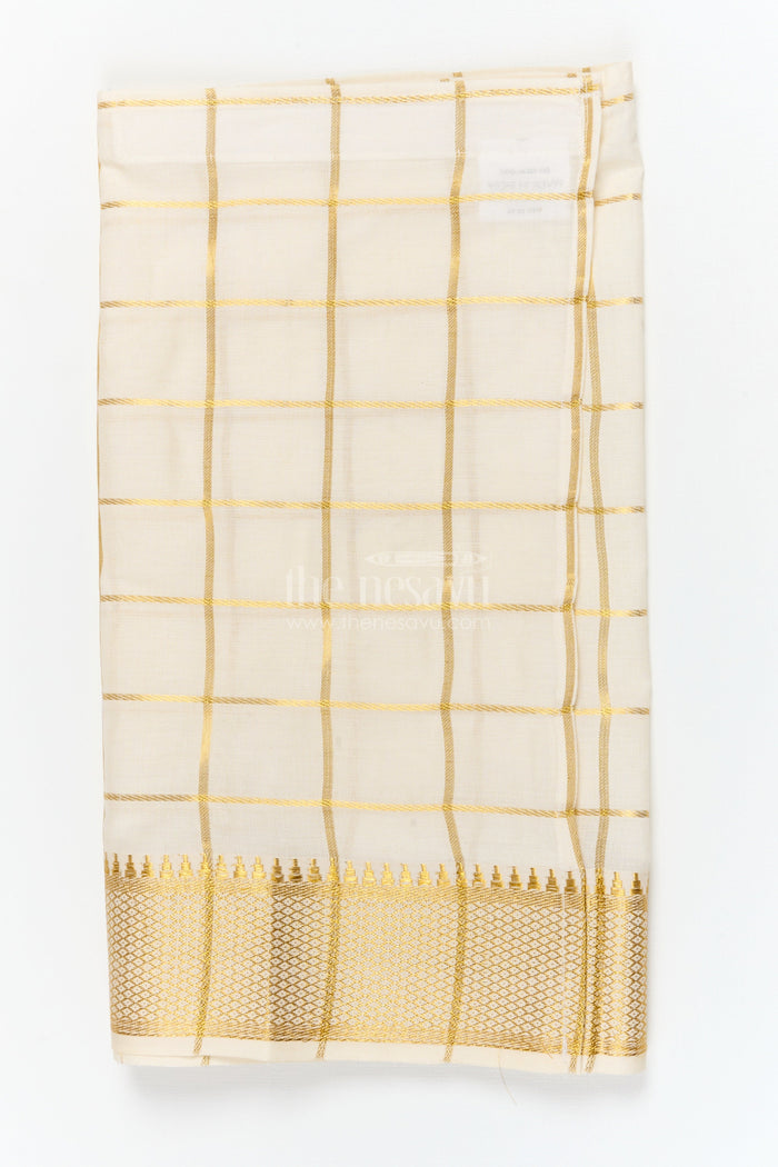 The Nesavu Boys Vesti Boys Vesti with Temple Checks for Ethnic Day and Traditional Events Nesavu 14 (6M) / Cream / Cotton D041A-14 Nesavu checked boys vesti with zari border for ethnic day and cultural celebrations