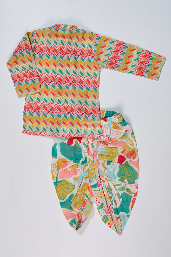 The Nesavu Boys Dothi Set Boys Vibrant Dhoti Kurta New Design with Printed Cotton Kurta and Tropical Dhoti Nesavu Nesavu Multicolor Printed Boys Dhoti Kurta Zigzag Kurta Floral Dhoti