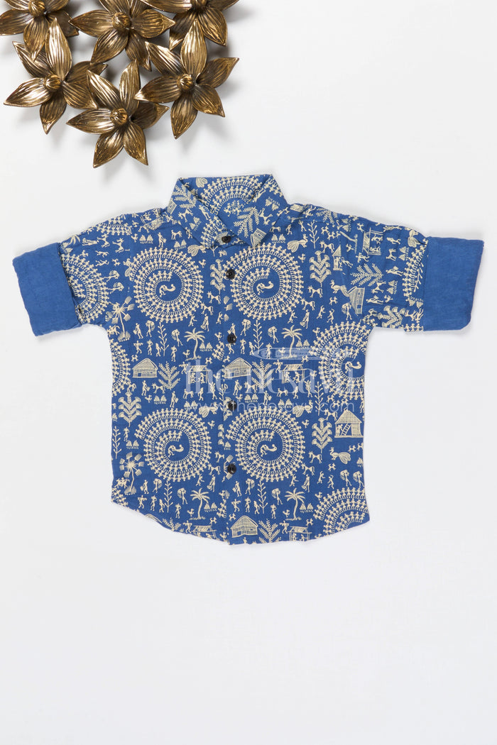 The Nesavu Boys Cotton Shirt Boys Warli Print Cotton Shirt for Festive Outings and Cultural Celebrations Nesavu 20 (3Y) / Blue / Cotton BS418B-20 Nesavu boys cotton warli print shirt for festive outings cultural events and casual wear