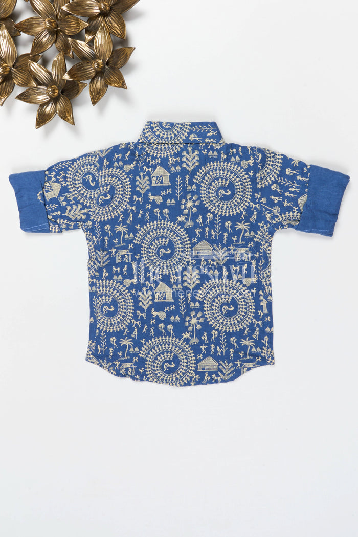 The Nesavu Boys Cotton Shirt Boys Warli Print Cotton Shirt for Festive Outings and Cultural Celebrations Nesavu Nesavu boys cotton warli print shirt for festive outings cultural events and casual wear