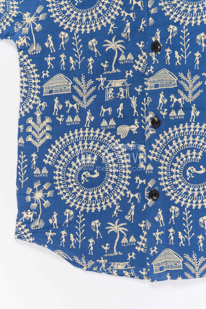 The Nesavu Boys Cotton Shirt Boys Warli Print Cotton Shirt for Festive Outings and Cultural Celebrations Nesavu Nesavu boys cotton warli print shirt for festive outings cultural events and casual wear
