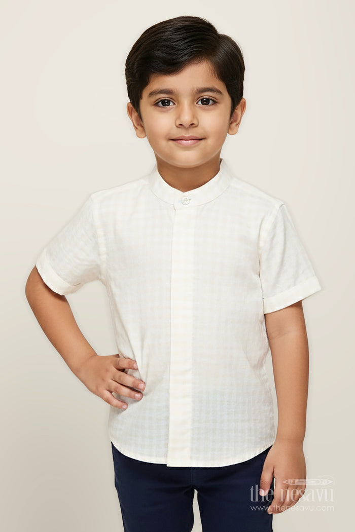 The Nesavu Boys Cotton Shirt Boys White Seersucker Shirt with Texture Detailing for Traditional Occasions Nesavu 16 (1Y) / Half white BS314B-16 Nesavu White Cotton Seersucker Shirt Boys Traditional Festive Wear Textured Finish