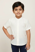 The Nesavu Boys Cotton Shirt Boys White Seersucker Shirt with Texture Detailing for Traditional Occasions Nesavu 16 (1Y) / Half white BS314B-16 Nesavu White Cotton Seersucker Shirt Boys Traditional Festive Wear Textured Finish