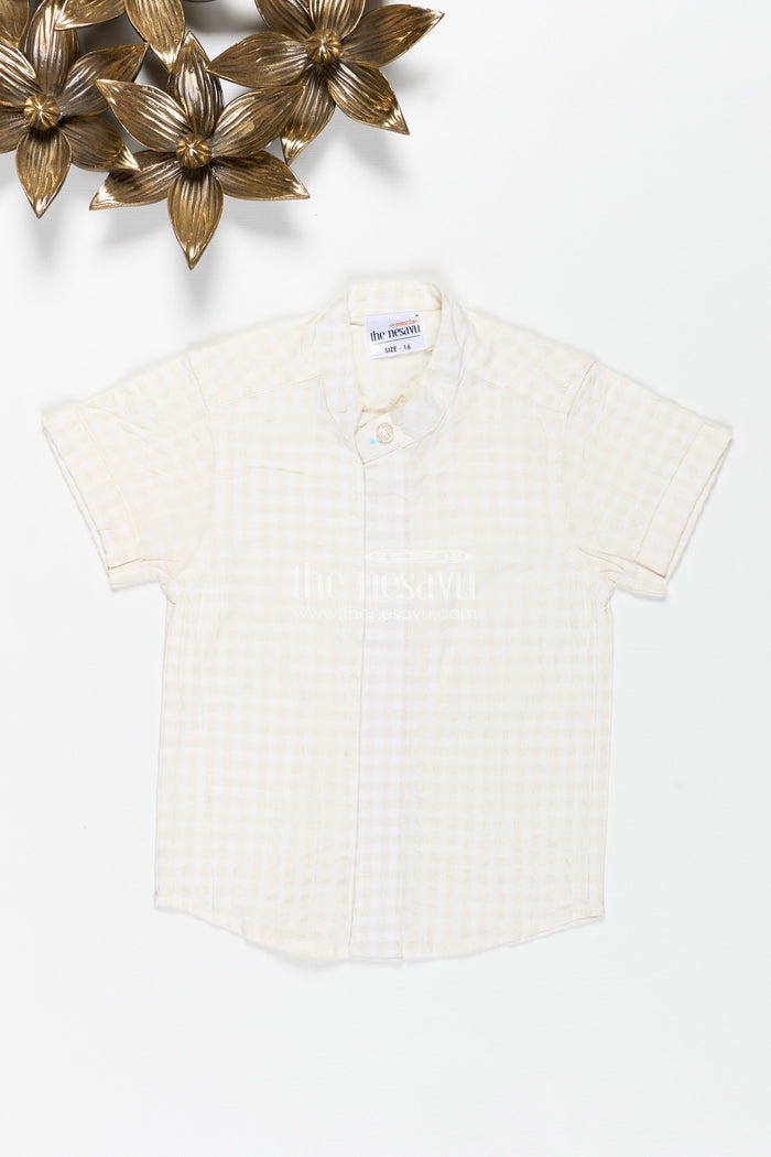 The Nesavu Boys Cotton Shirt Boys White Seersucker Shirt with Texture Detailing for Traditional Occasions Nesavu Nesavu White Cotton Seersucker Shirt Boys Traditional Festive Wear Textured Finish