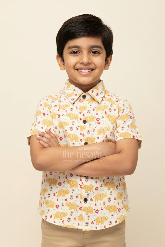 The Nesavu Boys Cotton Shirt Boys Yellow Elephant Printed Shirt for Ethnic Day and Festive Fun Nesavu 20 (3Y) / Yellow BS322A-20 Nesavu boys yellow elephant print cotton shirt  perfect festive school functions birthdays