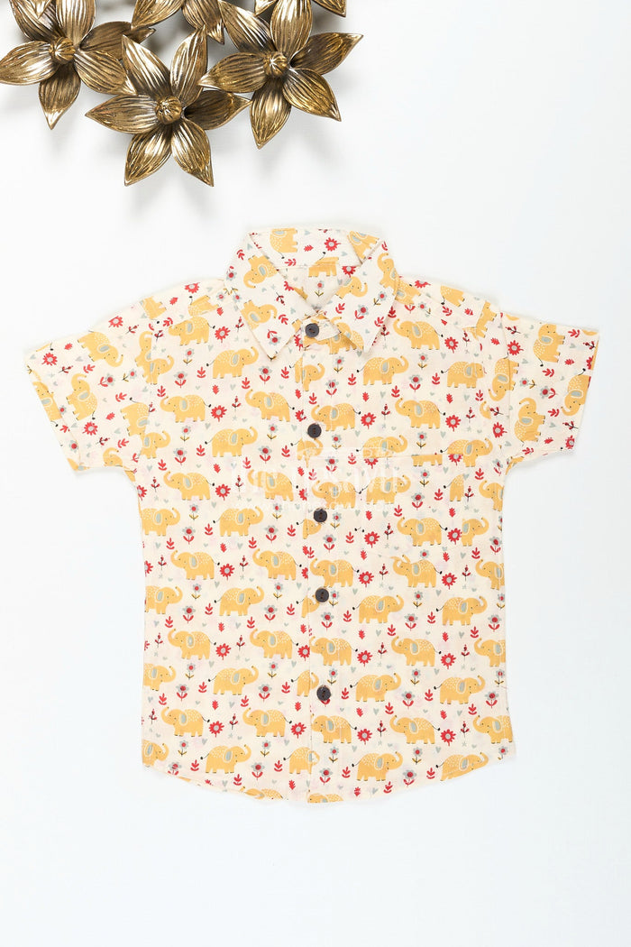 The Nesavu Boys Cotton Shirt Boys yellow elephant printed shirt for ethnic day and festive fun Nesavu 20 (3Y) / Yellow BS322A-20 Nesavu boys yellow elephant print cotton shirt  perfect festive school functions birthdays