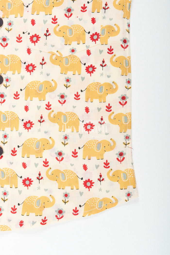 The Nesavu Boys Cotton Shirt Boys yellow elephant printed shirt for ethnic day and festive fun Nesavu Nesavu boys yellow elephant print cotton shirt  perfect festive school functions birthdays