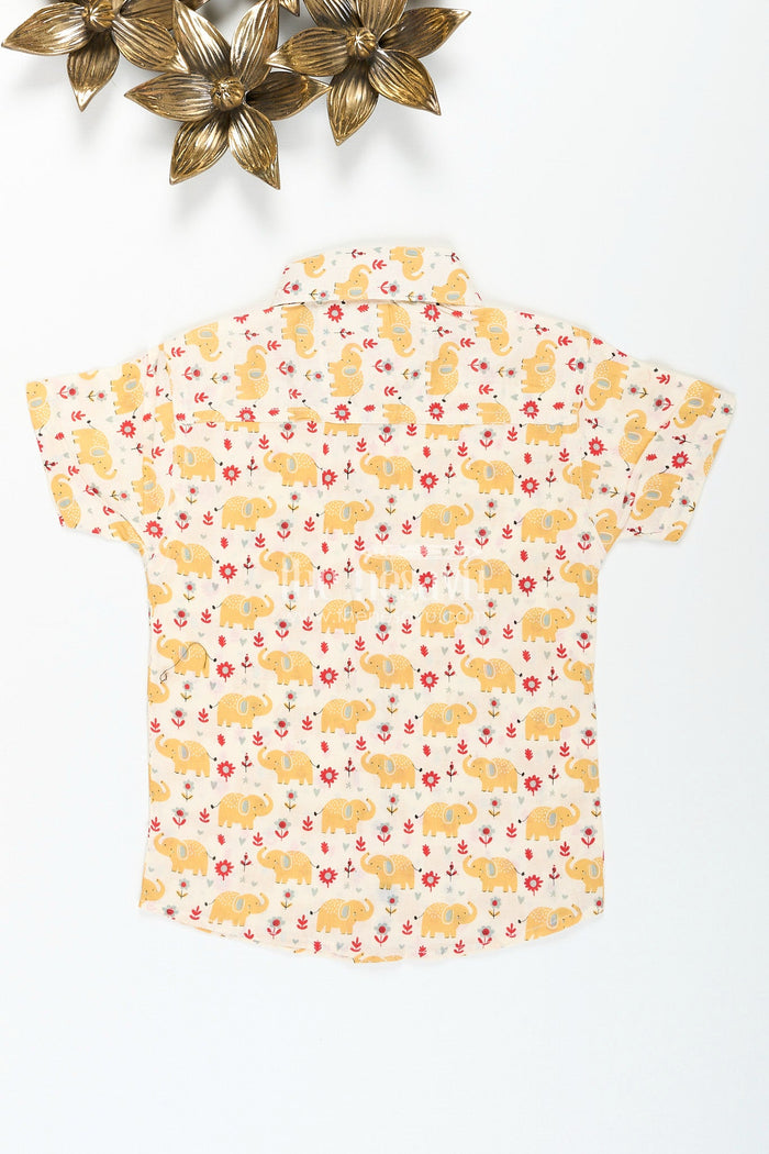 The Nesavu Boys Cotton Shirt Boys yellow elephant printed shirt for ethnic day and festive fun Nesavu Nesavu boys yellow elephant print cotton shirt  perfect festive school functions birthdays