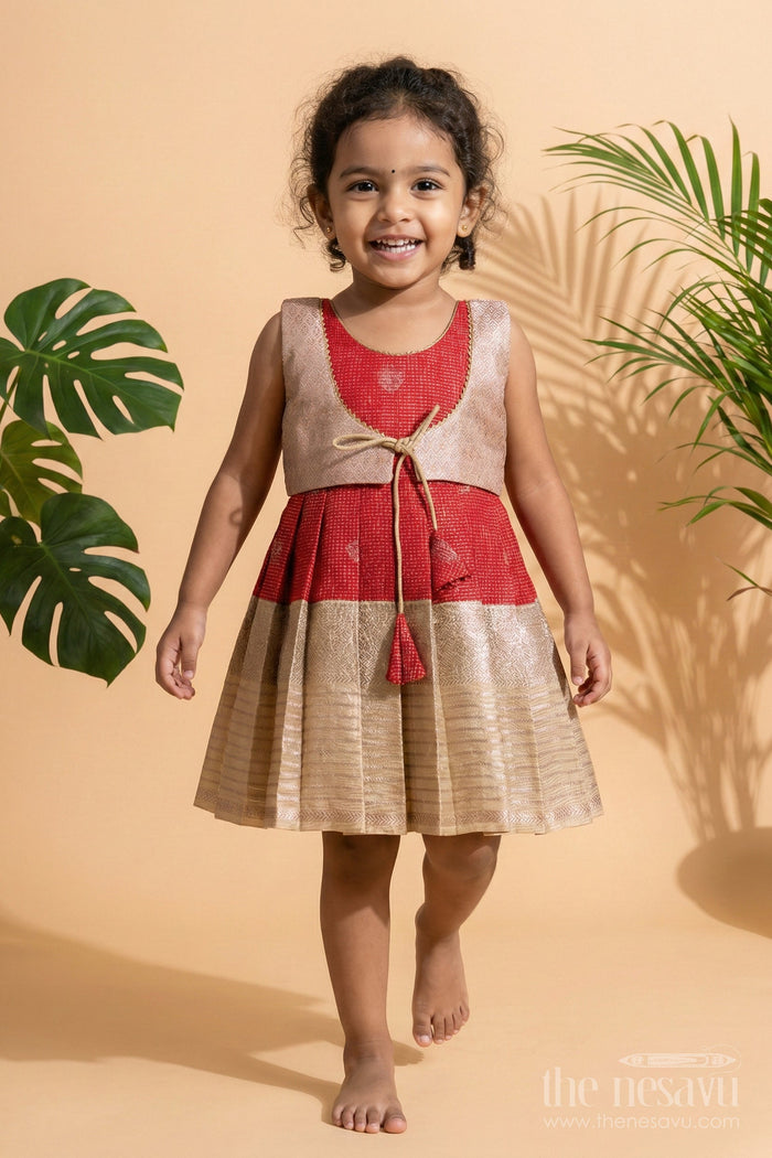 The Nesavu Girls Kanchi Silk Frock Bridal Silk Frock for Toddler Girls with Kanchivaram Saree Inspired Detailing Nesavu Nesavu toddler girl bridal silk frock with Kanchivaram saree inspired zari detailing for festive occasions