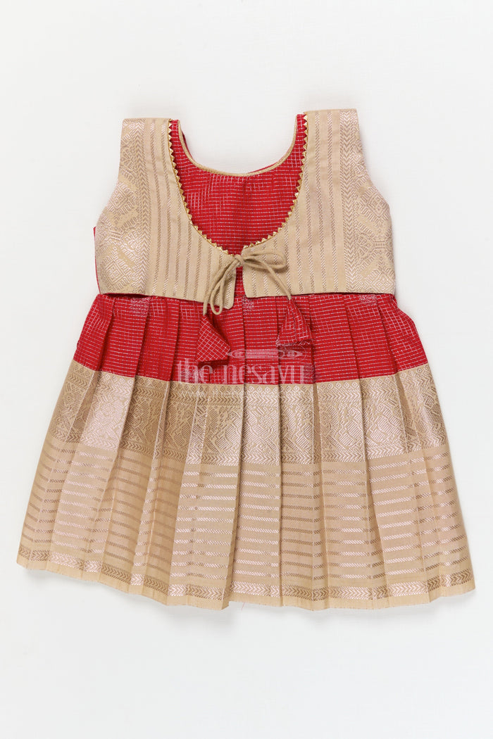 The Nesavu Girls Kanchi Silk Frock Bridal Silk Frock for Toddler Girls with Kanchivaram Saree Inspired Detailing Nesavu 10 (NB) / Red / style 3 KSF008AC-10 Nesavu toddler girl bridal silk frock with Kanchivaram saree inspired zari detailing for festive occasions