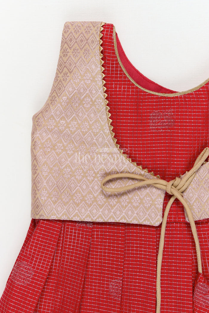 The Nesavu Girls Kanchi Silk Frock Bridal Silk Frock for Toddler Girls with Kanchivaram Saree Inspired Detailing Nesavu Nesavu toddler girl bridal silk frock with Kanchivaram saree inspired zari detailing for festive occasions
