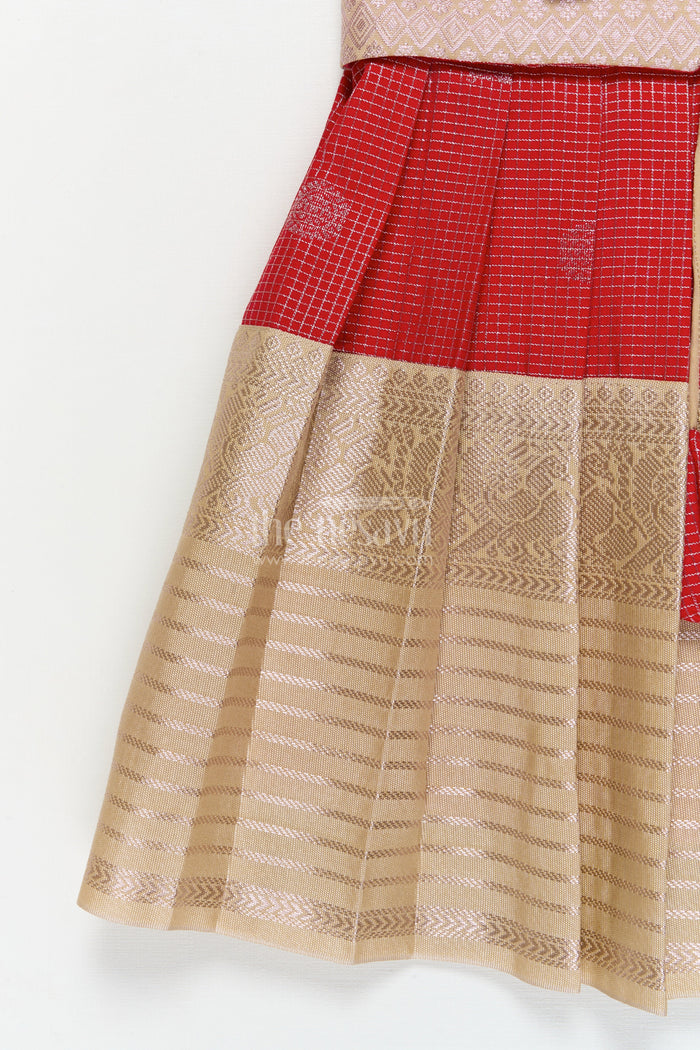 The Nesavu Girls Kanchi Silk Frock Bridal Silk Frock for Toddler Girls with Kanchivaram Saree Inspired Detailing Nesavu Nesavu toddler girl bridal silk frock with Kanchivaram saree inspired zari detailing for festive occasions
