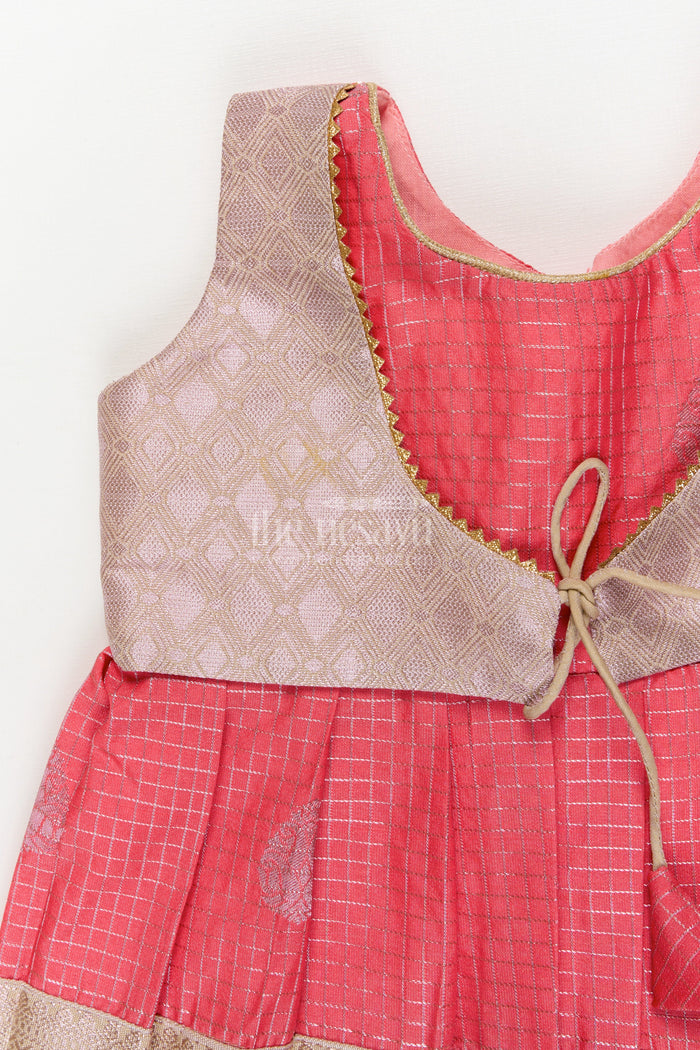 The Nesavu Girls Kanchi Silk Frock Bridal Silk Frock for Toddler Girls with Kanchivaram Saree Inspired Zari Detailing Nesavu Nesavu toddler girl bridal silk frock with Kanchivaram inspired zari border and jacquard yoke