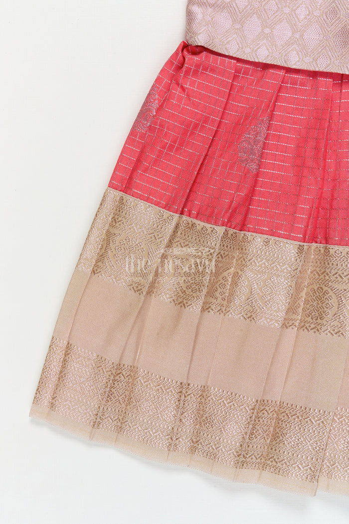 The Nesavu Girls Kanchi Silk Frock Bridal Silk Frock for Toddler Girls with Kanchivaram Saree Inspired Zari Detailing Nesavu Nesavu toddler girl bridal silk frock with Kanchivaram inspired zari border and jacquard yoke