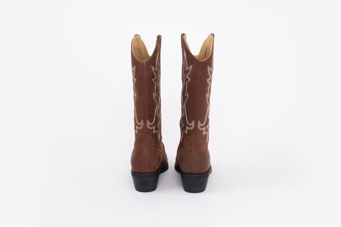 back shot of brown leather womens cowboy boot available in larger sizes 8 9 10 11 12