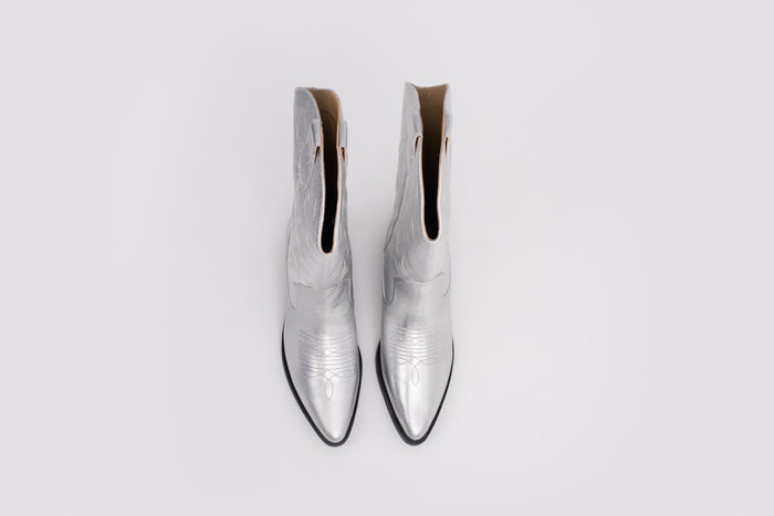 Aerial shot of silver womens western cowboy boot in large sizes 42 43 44 45 46