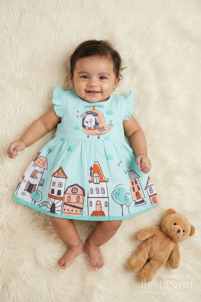 The Nesavu Baby Cotton Frocks Cartoon Town Cotton Frock for Baby Girls with Soft Frill Sleeve Finish Nesavu 14 (6M) / Green BFJ897C-14 Nesavu baby girl cartoon digital print cotton frock with town and helicopter design