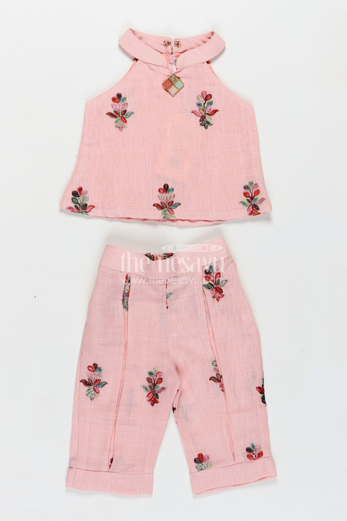 The Nesavu Girls Casual Set Casual Modest Outfits Pink Kora Cotton Girls Set with Embroidered High Neck Top and Floral Trousers Nesavu 18 (2Y) / Pink GPS627A-18 Nesavu Casual Modest Outfits Girls Pink Embroidered Kora Cotton High Neck Top Matching Pants