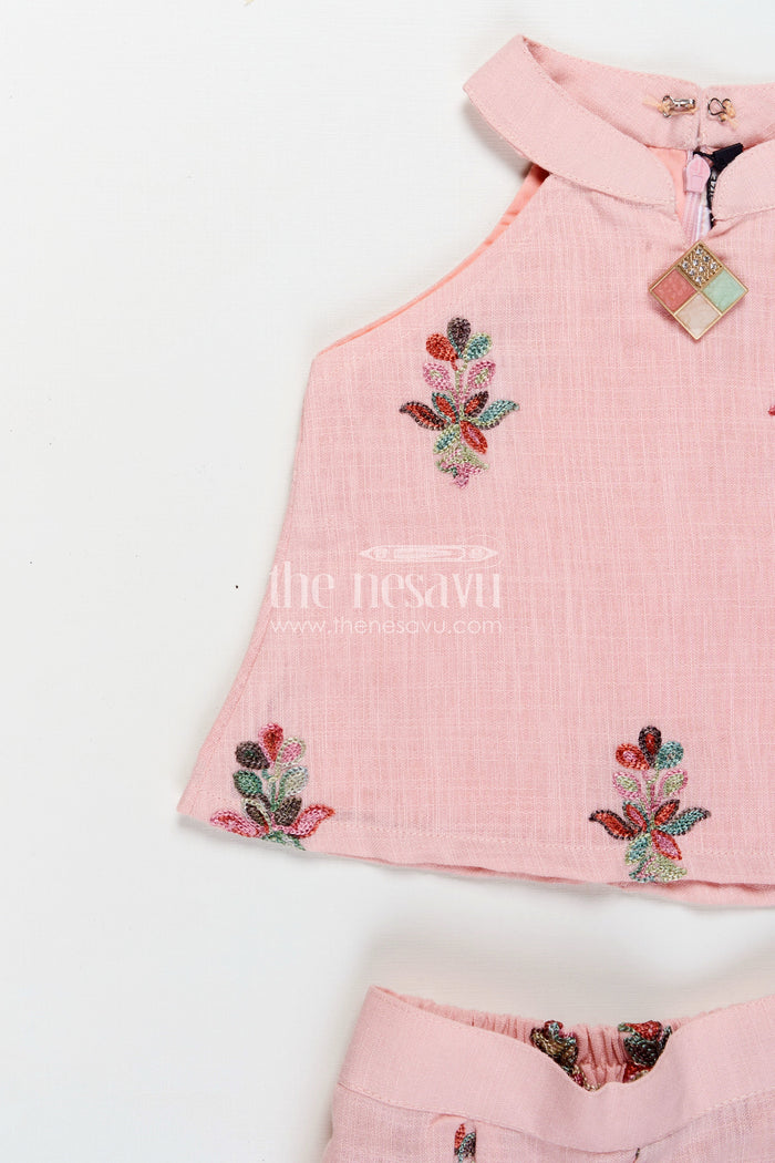The Nesavu Girls Casual Set Casual Modest Outfits Pink Kora Cotton Girls Set with Embroidered High Neck Top and Floral Trousers Nesavu Nesavu Casual Modest Outfits Girls Pink Embroidered Kora Cotton High Neck Top Matching Pants