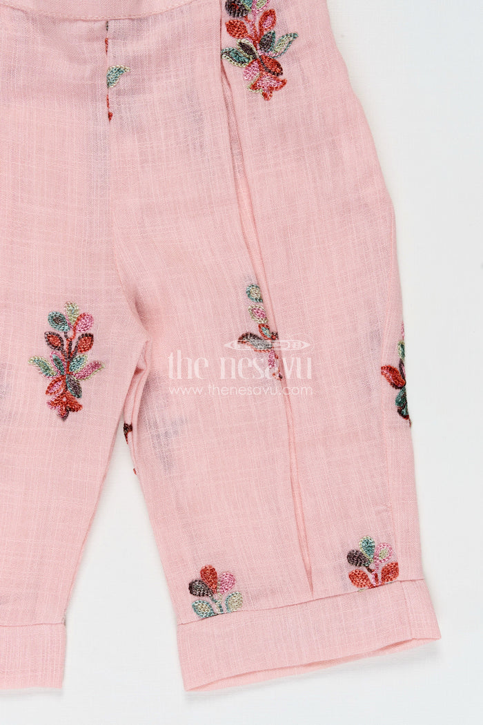 The Nesavu Girls Casual Set Casual Modest Outfits Pink Kora Cotton Girls Set with Embroidered High Neck Top and Floral Trousers Nesavu Nesavu Casual Modest Outfits Girls Pink Embroidered Kora Cotton High Neck Top Matching Pants