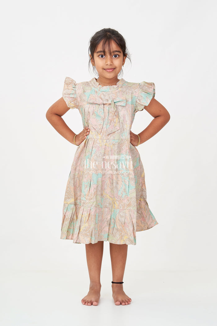 The Nesavu Girls Cotton Frock Casual Wear Frocks for Girls in Cotton with Kantha Stitch Styled Print and Tiered Design Nesavu Nesavu Casual Wear Frocks Girls Cotton Kantha Stitch Digital Print Bow Detail