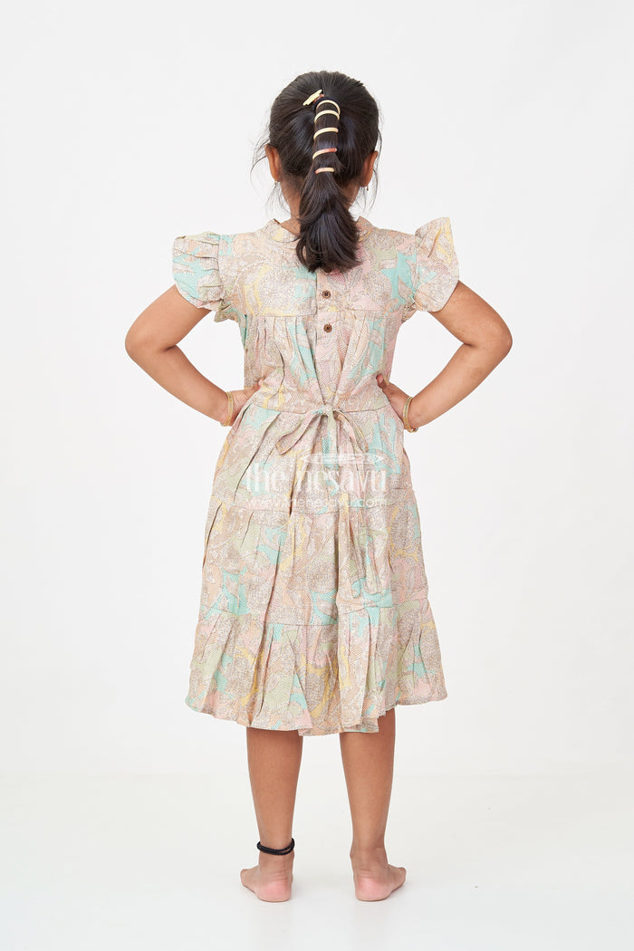 The Nesavu Girls Cotton Frock Casual Wear Frocks for Girls in Cotton with Kantha Stitch Styled Print and Tiered Design Nesavu Nesavu Casual Wear Frocks Girls Cotton Kantha Stitch Digital Print Bow Detail