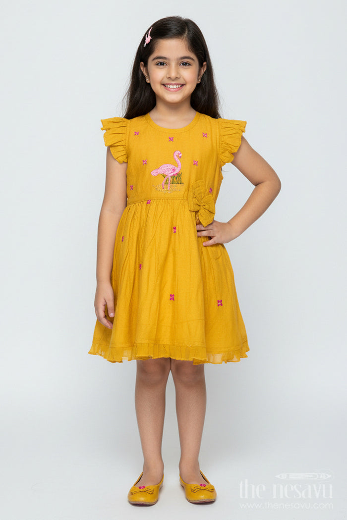 The Nesavu Girls Chanderi Frock Chanderi Embroidered Frock for Baby Girls for Festive Celebrations and Rituals Nesavu 16 (1Y) / Yellow GFC2000A-16 Nesavu chanderi cotton frock flamingo embroidery baby girls poojas festivals