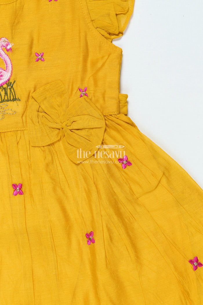 The Nesavu Girls Chanderi Frock Chanderi Embroidered Frock for Baby Girls for Festive Celebrations and Rituals Nesavu Nesavu chanderi cotton frock flamingo embroidery baby girls poojas festivals