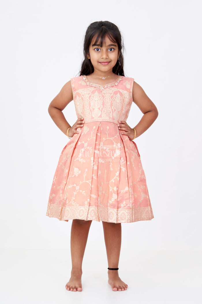 The Nesavu Silk Party Frock Charming Girls Short Silk Frock in Gold Tissue Banarasi Jacquard with Embroidered Yoke Nesavu 16 (1Y) / Peach SF976C-16 Nesavu Girls Short Silk Frock Banarasi Jacquard Embroidery Gold Zari Patterns