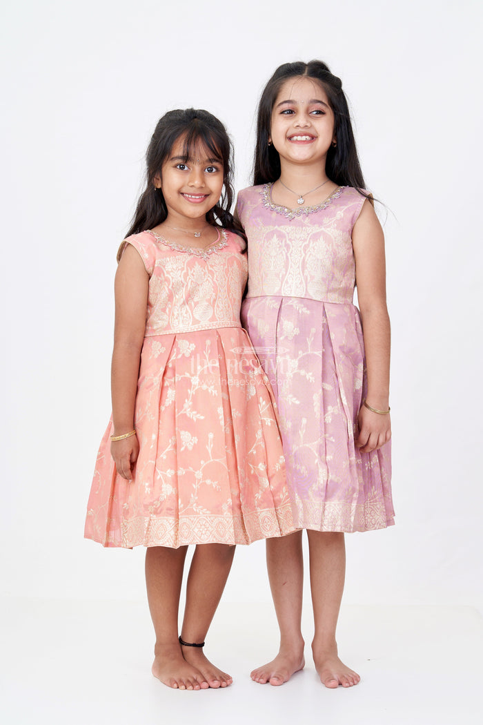 The Nesavu Silk Party Frock Charming Girls Short Silk Frock in Gold Tissue Banarasi Jacquard with Embroidered Yoke Nesavu Nesavu Girls Short Silk Frock Banarasi Jacquard Embroidery Gold Zari Patterns