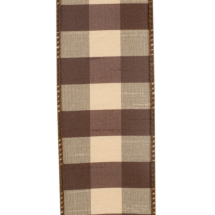 Check Silk Wired Edge Ribbon, Brown, 2-1/2 In, 10 Yards