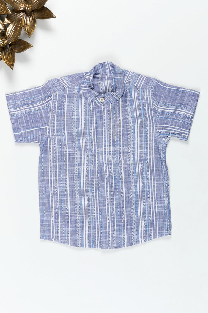 The Nesavu Boys Cotton Shirt Checked Cotton Shirt in Indigo Blue for Boys with Textured Vertical Weave and Smart Collar Design Nesavu 16 (1Y) / Blue BS290A-16 Nesavu Checked Cotton Shirt Boys Indigo Blue Vertical Stripe Weave All-Day Comfort