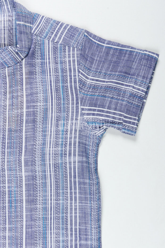 The Nesavu Boys Cotton Shirt Checked Cotton Shirt in Indigo Blue for Boys with Textured Vertical Weave and Smart Collar Design Nesavu Nesavu Checked Cotton Shirt Boys Indigo Blue Vertical Stripe Weave All-Day Comfort
