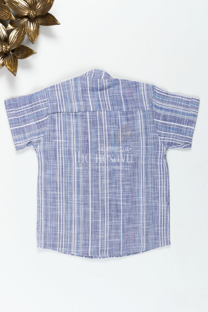 The Nesavu Boys Cotton Shirt Checked Cotton Shirt in Indigo Blue for Boys with Textured Vertical Weave and Smart Collar Design Nesavu Nesavu Checked Cotton Shirt Boys Indigo Blue Vertical Stripe Weave All-Day Comfort