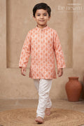 The Nesavu Boys Kurtha Set Citrus Charm: Mirror-Embroidered Geometric Printed Orange Kurta Shirt & Pant Set for Boys Nesavu 14 (6M) / Orange / Silk Blend BES400A-14 Premium Boys Kurta with Pant Collections | The Nesavu
