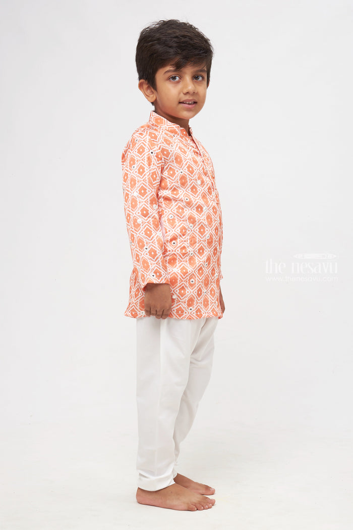The Nesavu Boys Kurtha Set Citrus Charm: Mirror-Embroidered Geometric Printed Orange Kurta Shirt & Pant Set for Boys Nesavu Premium Boys Kurta with Pant Collections | Traditional Elegance Redefined | The Nesavu